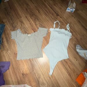 Two Ribbed Crop Tops - Beige & Light Blue